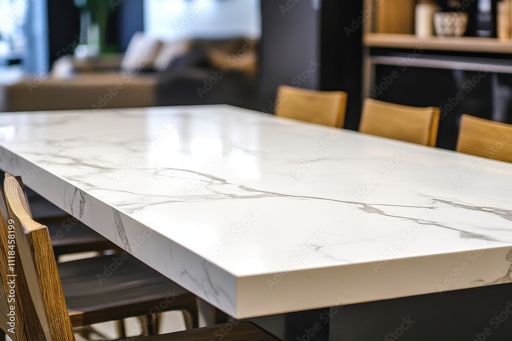 A modern dining table with a marble surface and wooden chairs in a stylish interior setting. A modern dining table with a marble surface and wooden chairs in a stylish interior setting.