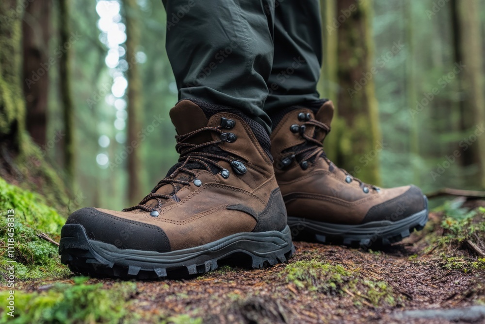 Brown hiking boots on mossy forest ground. Brown hiking boots on mossy forest ground.