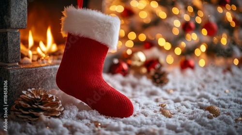 Festive red christmas stocking hanging by cozy fireplace with holiday decorations photo