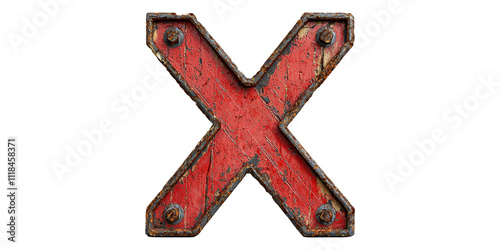Rustic red metal letter x isolated on transparent background photo