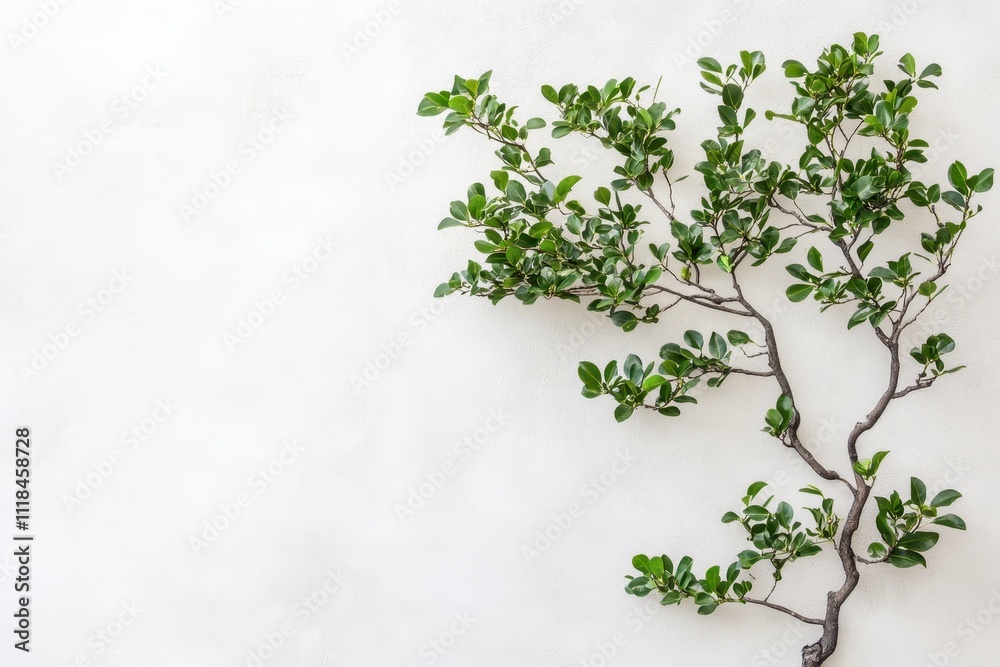 A minimalist composition featuring a green branch against a light background. A minimalist composition featuring a green branch against a light background.