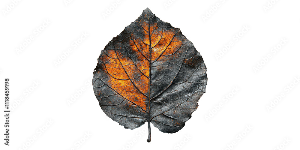 Obraz premium Single autumn leaf with orange veins isolated on transparent background