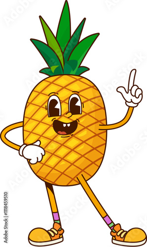 Cartoon funny groovy pineapple fruit character. Isolated vector cheerful tropical fruit retro personage stands with friendly smile and pointing up finger, engaging children at healthy eating habits