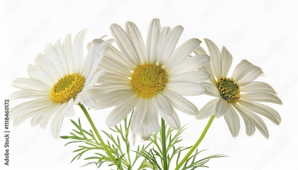 Fototapeta premium Elegant Trio of White Daisies in Full Bloom. High-Resolution Botanical Image Showcasing Nature's Simplicity and Beauty, Perfect for Spring-Themed Art, Home Decor, Greeting Cards, and Digital Project