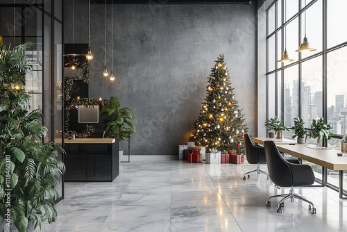 Christmas at a modern office with christmas tree and decorations, marble floor