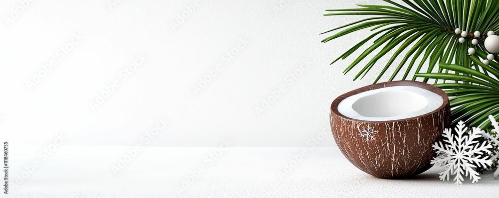 coconut tree Coconut fruit relaxation Christmas Coconut shell with palm leaves and snowflakes decoration coconut tree Coconut fruit relaxation Christmas Coconut shell with palm leaves and snowflakes decoration