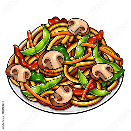 Lo Mein Chinese Noodles Illustration Vector.  Chow Mein Noodles Icon Menu.  Chinese Stir-Fried Noodles Lo Mein.  Chinese Noodles With Mushroom Vector. Lo Mein Icon Isolated on White Background.