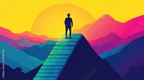 Abstract Success Journey: Man Standing at the Peak of Colorful Mountains