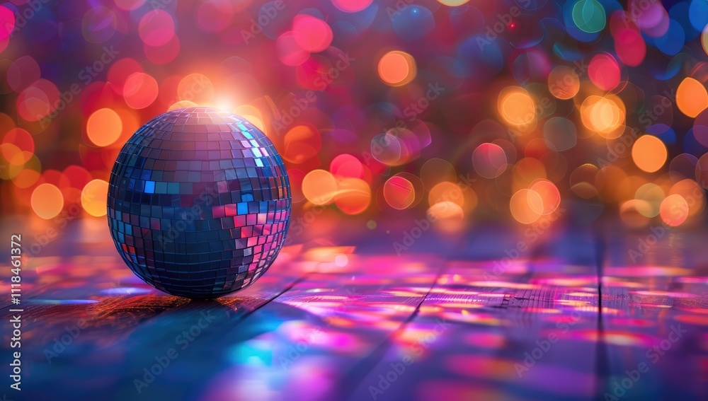 A colorful disco ball reflecting vibrant lights in a dance floor setting, capturing the essence of nightlife and celebration. The concept is party and entertainment A colorful disco ball reflecting vibrant lights in a dance floor setting, capturing the essence of nightlife and celebration. The concept is party and entertainment