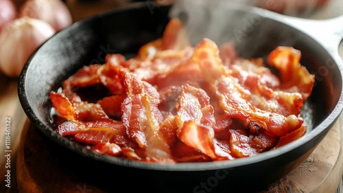 Hot and crispy bacon pieces in a cast iron skillet