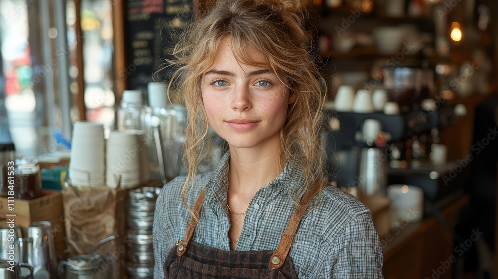A woman standing in front of a counter in a coffee shop A woman standing in front of a counter in a coffee shop