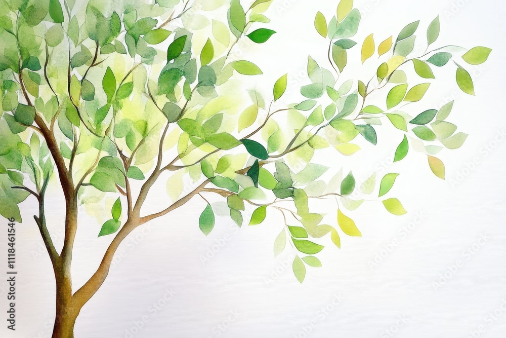 A watercolor illustration of a tree with vibrant green leaves. A watercolor illustration of a tree with vibrant green leaves.