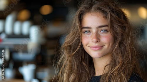 A young woman with long brown hair smiles at the camera