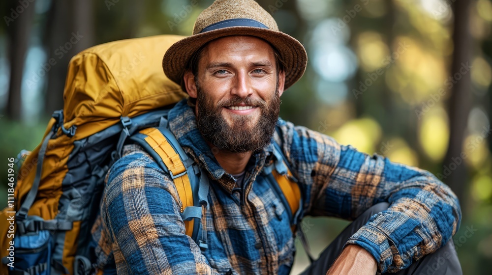 A man with a backpack and a hat smiles at the camera A man with a backpack and a hat smiles at the camera