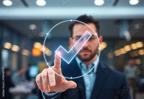 Businessman Examines Holographic Check Mark Icon On Virtual Display