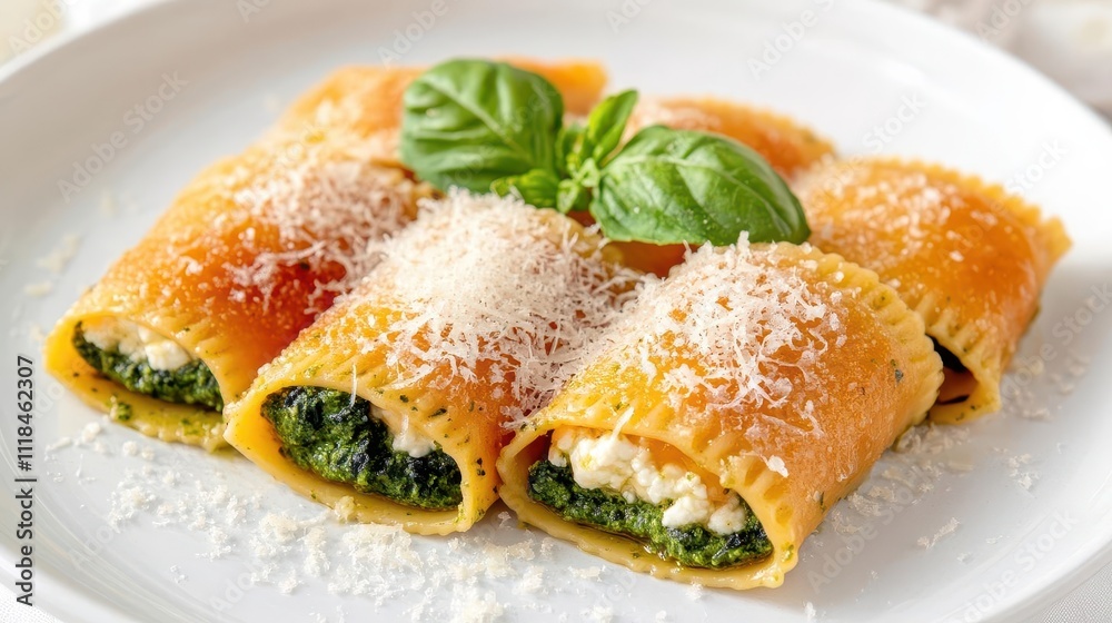 Handmade ravioli stuffed with ricotta and spinach, drizzled with fresh pesto and parmesan Handmade ravioli stuffed with ricotta and spinach, drizzled with fresh pesto and parmesan