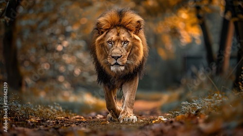 Male lion walking looking straight at the camera, national wildlife day