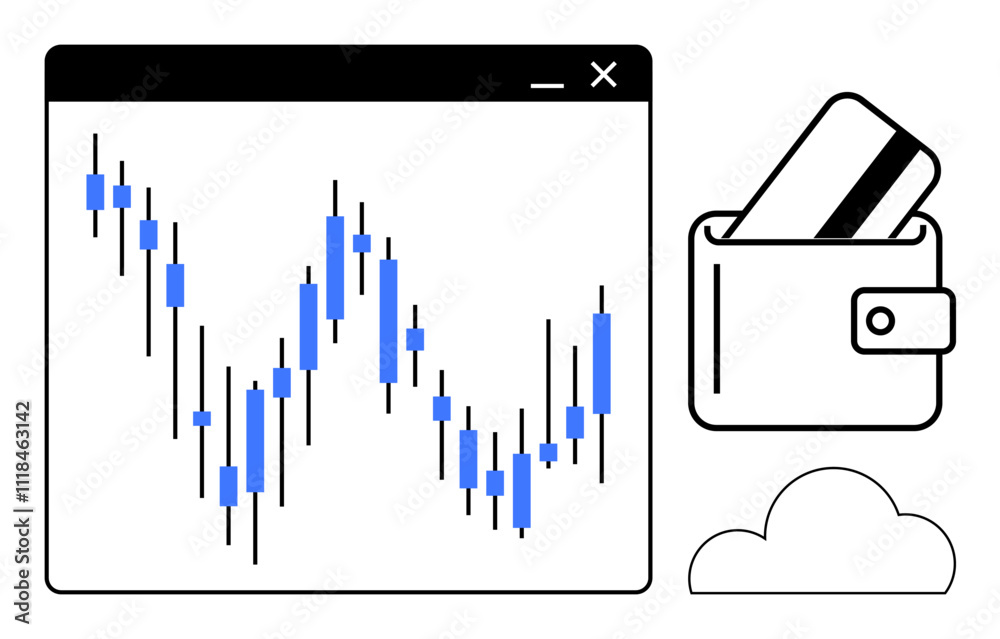 Candlestick graph on window, wallet with card, cloud icon. Ideal for finance, stock market, trading, fintech, investments digital wallet online banking. Line metaphor Candlestick graph on window, wallet with card, cloud icon. Ideal for finance, stock market, trading, fintech, investments digital wallet online banking. Line metaphor