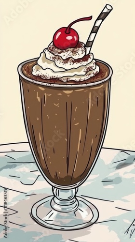 A delicious chocolate milkshake topped with whipped cream and a cherry.