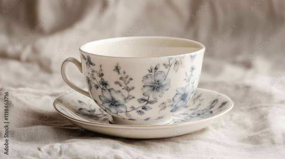 White teacup with blue floral pattern on matching saucer White teacup with blue floral pattern on matching saucer