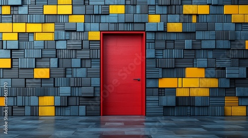 A red door in front of a wall of yellow and blue blocks