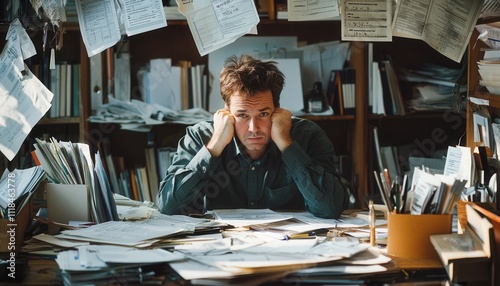 Concerned Business Owner Sitting at Desk Surrounded by Paperwork, Expressing Worry and Overwhelm in Office Setting