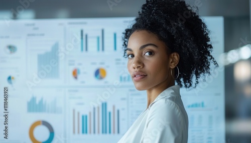 Confident Woman Presenting Business Data in Fintech Environment with Graphs and Charts as Background