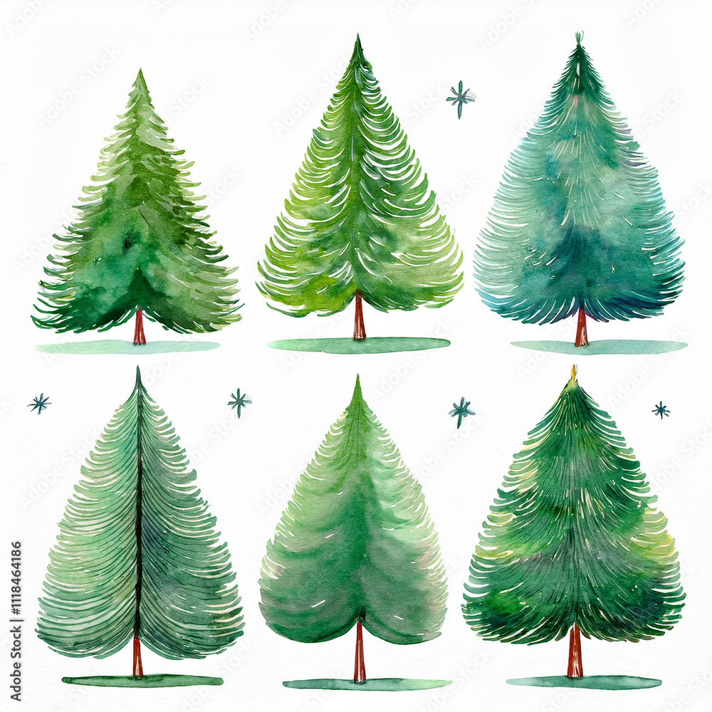 Obraz premium Watercolor painting set of green Christmas trees. Hand drawn art for poster or postcard.