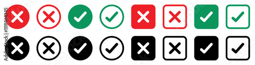 Green check marks and red cross mark icon button. Check mark icons set. Tick and cross symbol. Accepted or rejected, true or false, right or wrong, yes or no signs icons. Vector illustration.