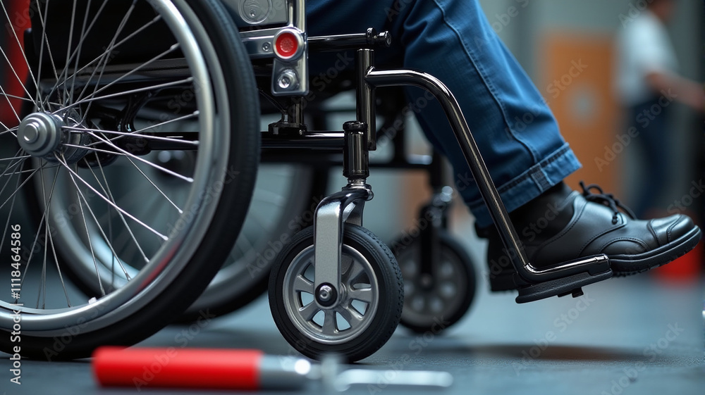 Wheelchair Anti-Tip Wheel Installation Detail in Maintenance Workshop, Safety and Mobility Support Wheelchair Anti-Tip Wheel Installation Detail in Maintenance Workshop, Safety and Mobility Support