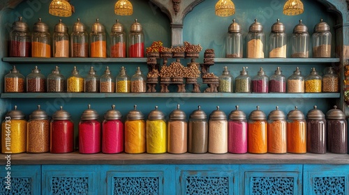 Fototapeta Naklejka Na Ścianę i Meble -  Colorful Indian Spice Shop Jars Spices Aromatic Blends Shelves Teal Cabinet Food Ingredients Market
