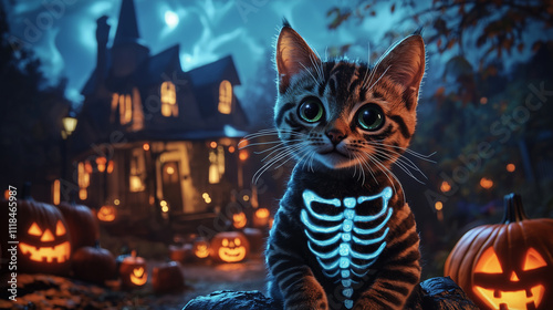 A mischievous tabby cat dressed as a skeleton, with glow-in-the-dark bones painted on its fur and a haunted house in the background, with glowing jack-o'-lanterns lighting up the s photo