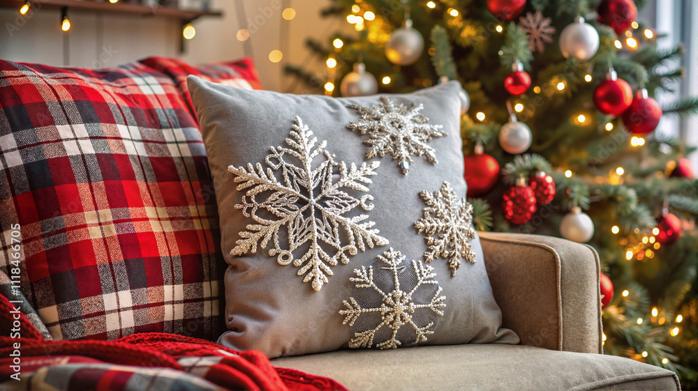 Plaid and snowflake pillows on cozy festive couch Plaid and snowflake pillows on cozy festive couch