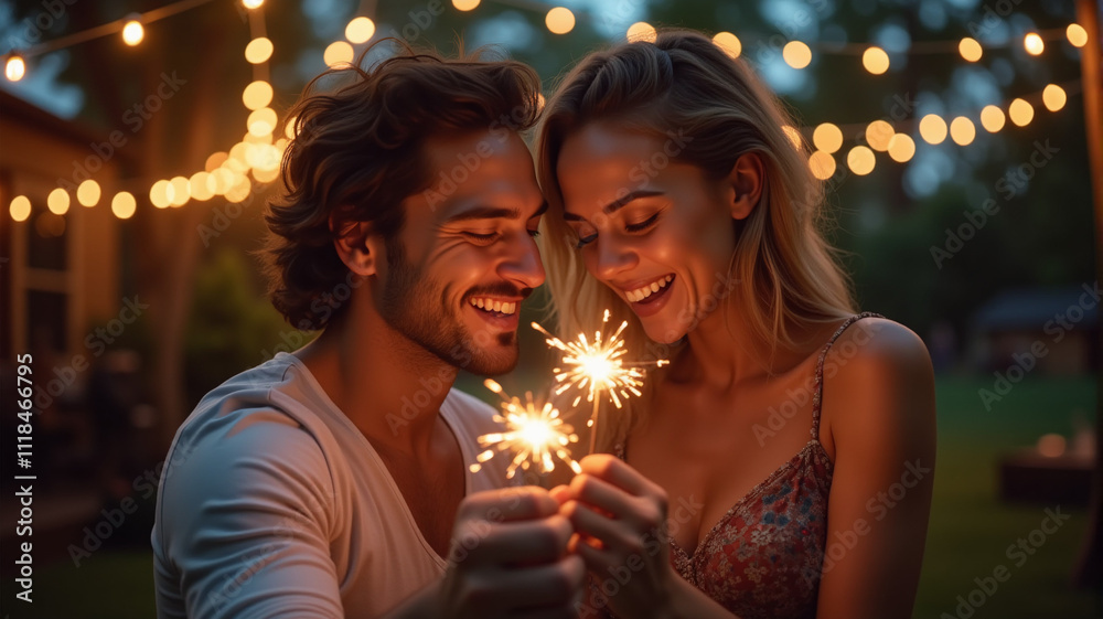 Joyful Couple Sharing Intimate Moment With Sparklers in Garden Party Setting, Celebrating Love Joyful Couple Sharing Intimate Moment With Sparklers in Garden Party Setting, Celebrating Love