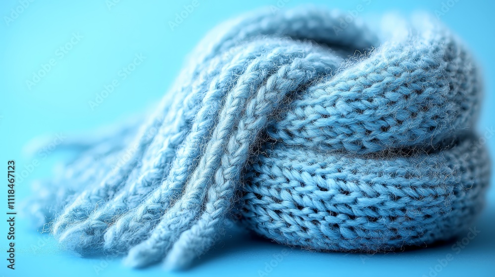 A close up of a blue knitted scarf on a blue background A close up of a blue knitted scarf on a blue background