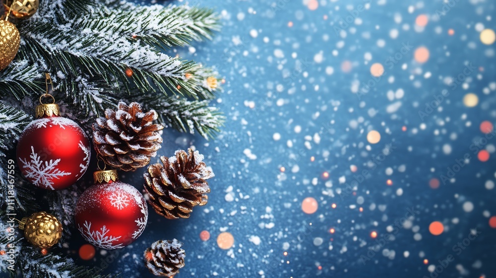 Christmas Banner With Pinecones, Red Ornaments, and Fir Branches Against a Blue Background Featuring Festive Snowfall Christmas Banner With Pinecones, Red Ornaments, and Fir Branches Against a Blue Background Featuring Festive Snowfall