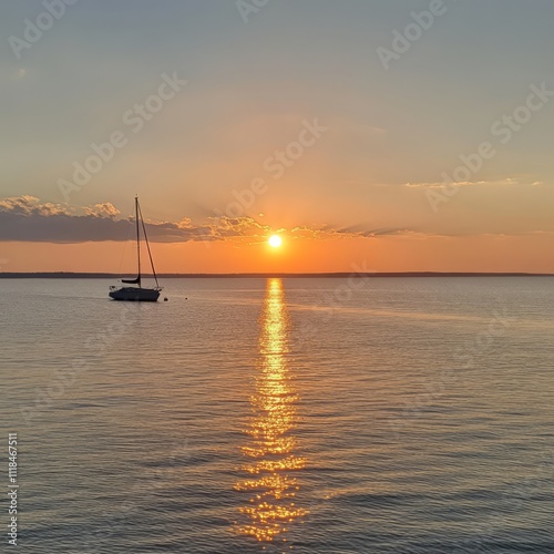 Calm sunset over tranquil ocean with sailboat.