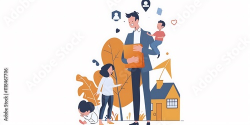 Insurance concept, Family life insurance and policy concepts. Businessman with protective gesture and family, life, health and house insurance icons. protecting family