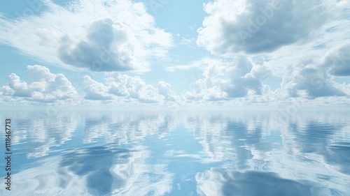 Serene sky with fluffy clouds reflecting over calm, vast ocean