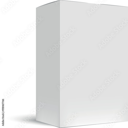 Realistic white cardboard box mockup casting a soft shadow on a clean white background, ideal for presenting packaging designs and enhancing brand visibility in marketing materials