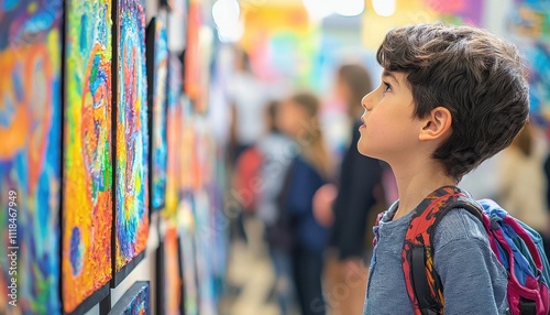 Young Artist Observing Vibrant Artwork at Exhibition with Curious Expression in Colorful Environment