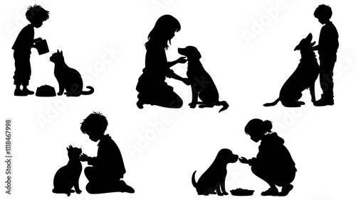Stylish silhouettes set of children with cat and dog