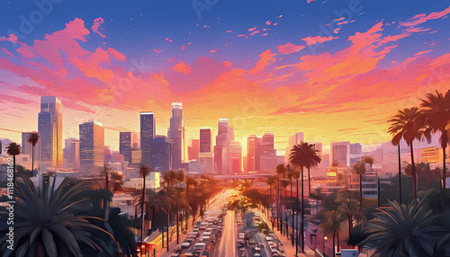 Los Angeles skyline sunset traffic palm trees line avenue illustration oil painting. Suitable for travel blog, Californiathemed website, city guide brochure, urban landscape poster.
