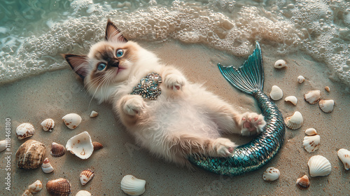 A playful ragdoll cat dressed as a mermaid, with a shimmering tail costume and seashell top, lying on the sandy shore as the ocean waves gently touch its paws, with seashells scatt photo