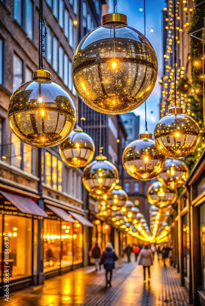 Obraz premium Golden Christmas ornaments and lights on festive street