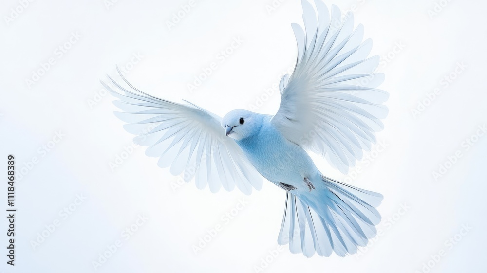 Fototapeta premium Light blue bird with outstretched wings flying against white background