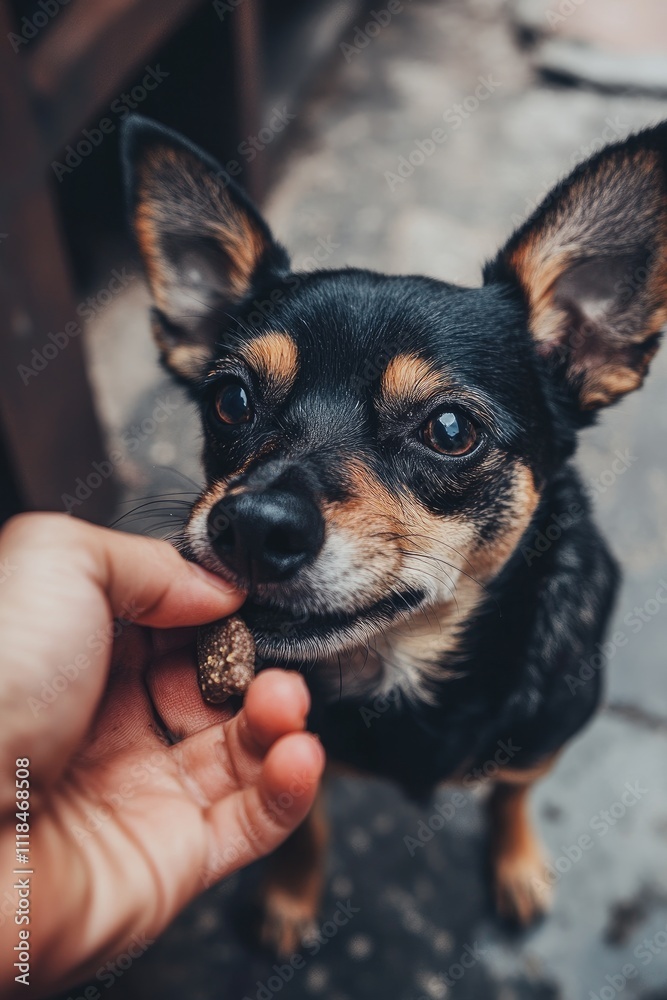 Adorable Chihuahua Receives Treat: Close-Up of Playful Canine Interaction Adorable Chihuahua Receives Treat: Close-Up of Playful Canine Interaction