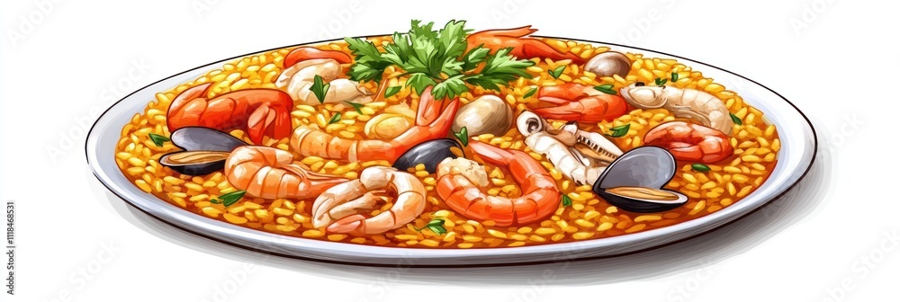 A vibrant plate of seafood paella featuring shrimp, mussels, and rice garnished with herbs. A vibrant plate of seafood paella featuring shrimp, mussels, and rice garnished with herbs.