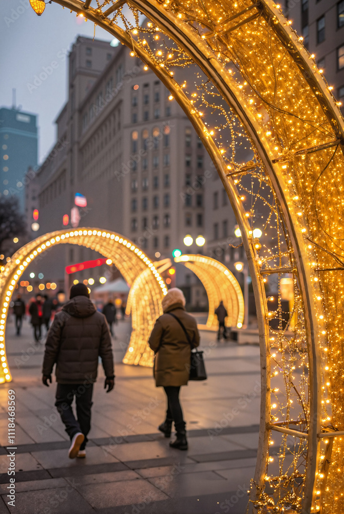People walking under golden holiday arches on city street People walking under golden holiday arches on city street