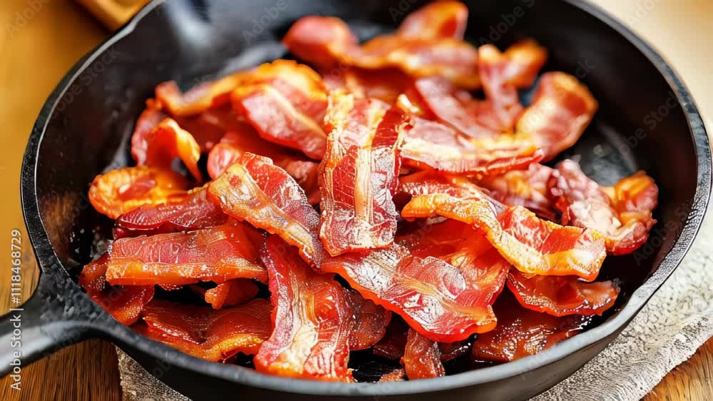 Hot and crispy bacon pieces in a cast iron skillet